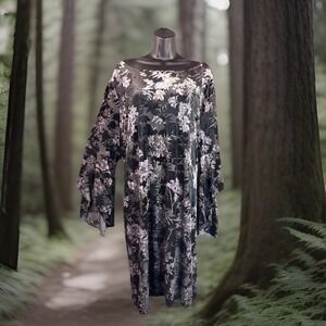 The Limited Burnout Velvet Bell Sleeve Dress 2X Black Floral Boat Neck Whimsical